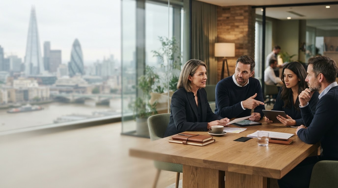Topsyturvy executive office setting representing calm, data-informed portfolio oversight